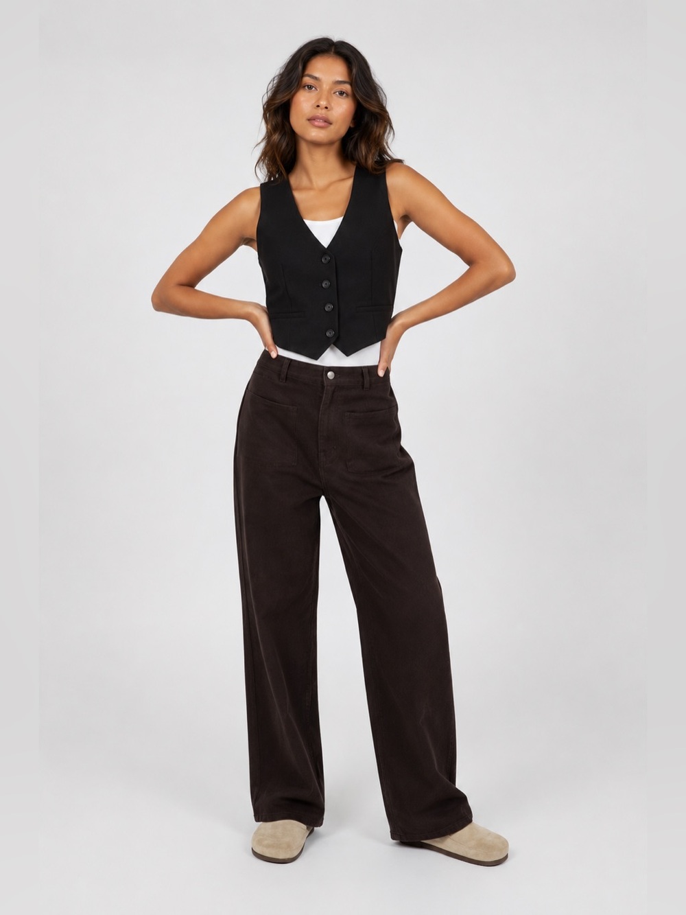Wide Leg Pants Black High Rise Patch Pocket Casual Pants Multiple Size